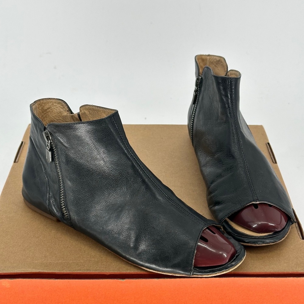 Kudetá Black Leather Open Toe Ankle Booties Sandal Shoes Side Zips Women's 39.5